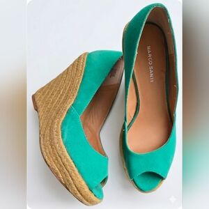 Marco Santi Teal Suede Peep-Toe Espadrille Wedges  -size 7.5